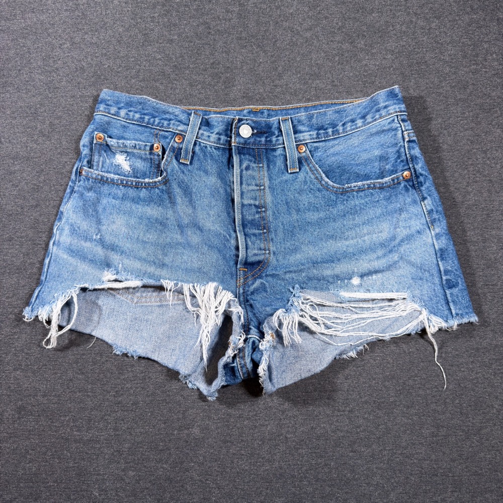 Levi's 501 Premium Denim Jean Shorts Womens 31 Blue Distressed Cut Off High Rise